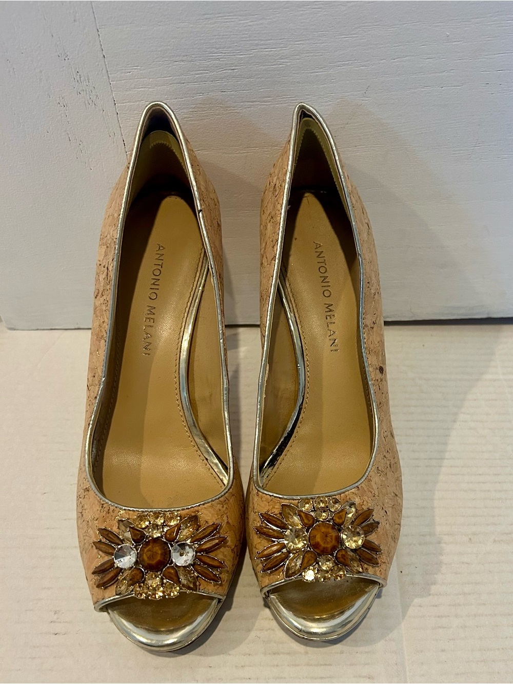 ANTONIO MELANI Tan Cork Peep-Toe Pumps with Gold Trim and Jewel Accent